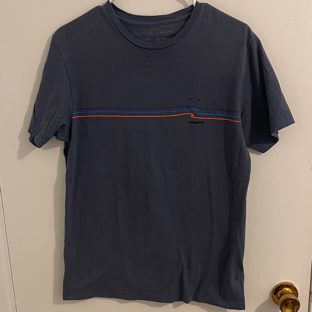 Patagonia Men's Blue Tee with Multicolor Stripe